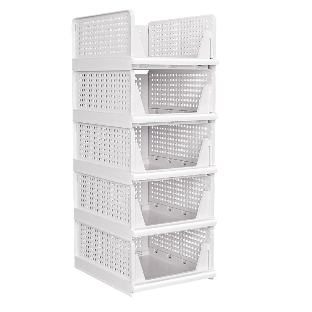 Stackable Closet Organizer Bins 5 Pack with Half Pull Rail, Foldable