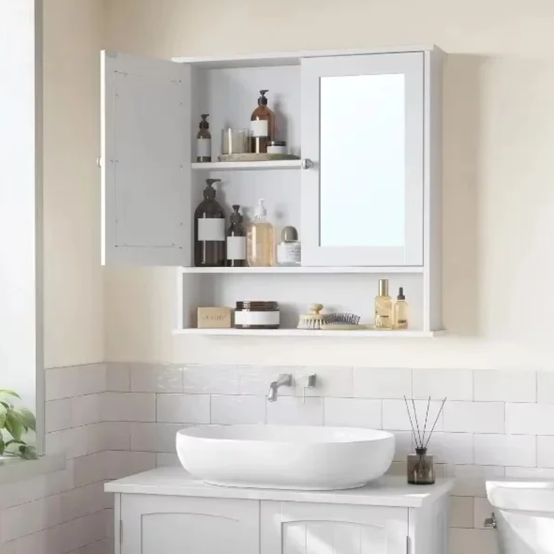 Wall Mounted Bathroom Cabinet with Double Mirrors and 3 Level Storage