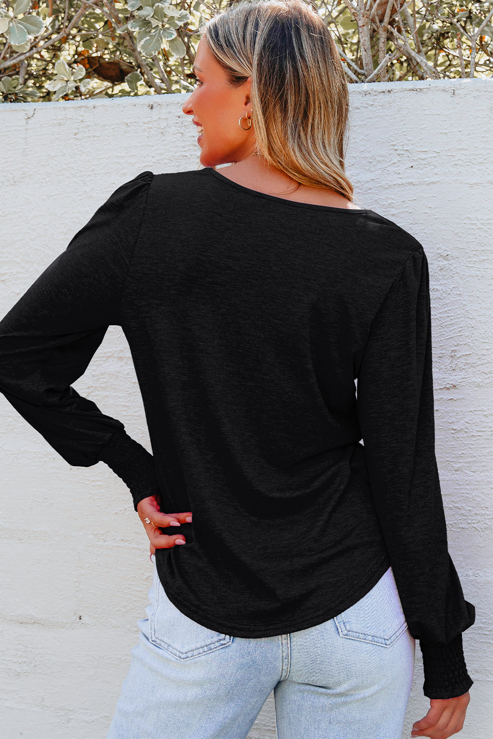 Bluse gul langærmet shirred detalje polyester mix