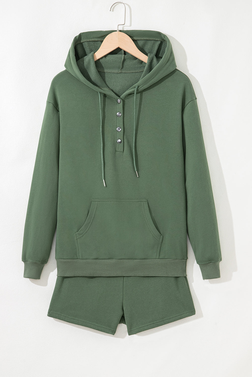 Pullover sæt med hætte knapper og afslappede shorts bomuld