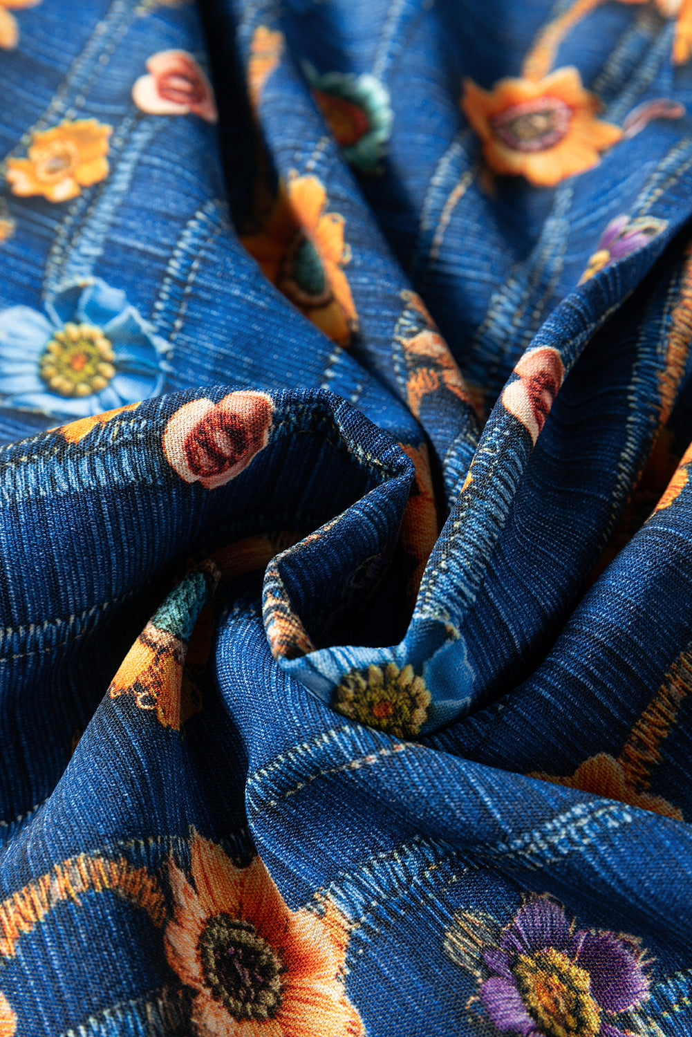 Bluse blomster patchwork V-hals skjortekrave polyester