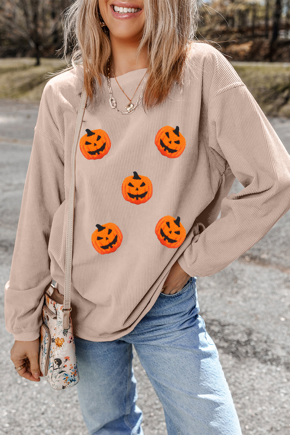 Sweatshirt ribstruktur chenille med græskar-patch efterår