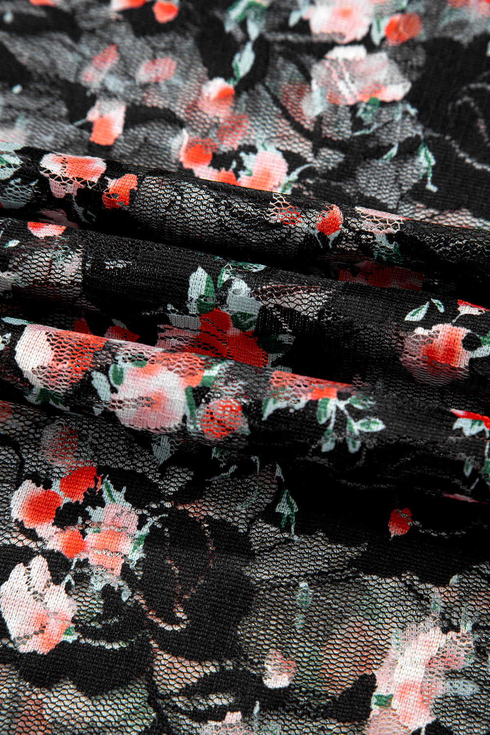 Bluse sort mesh langærmet med blomster og elastan