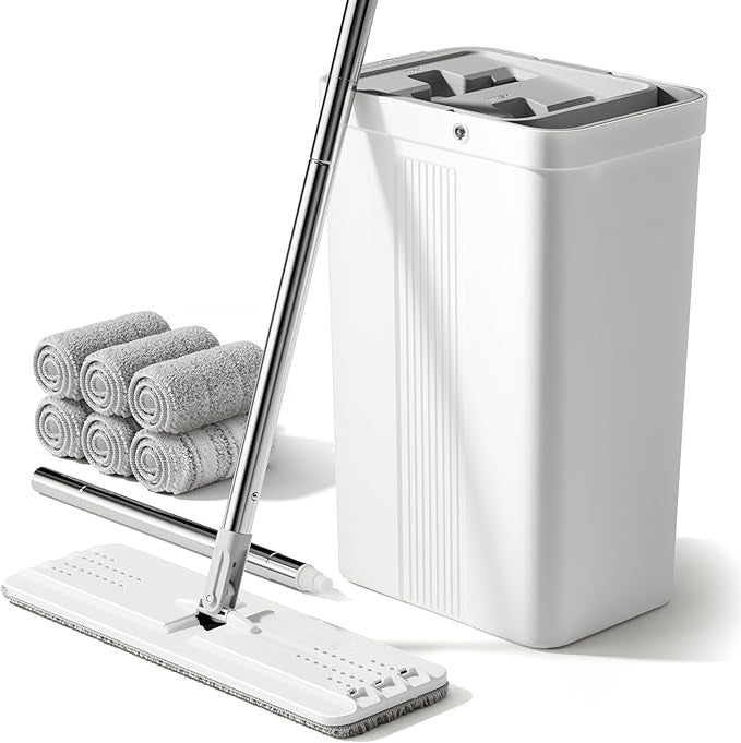Flat Mop and Bucket Set with Long Handle, Wringer and Microfiber Pads