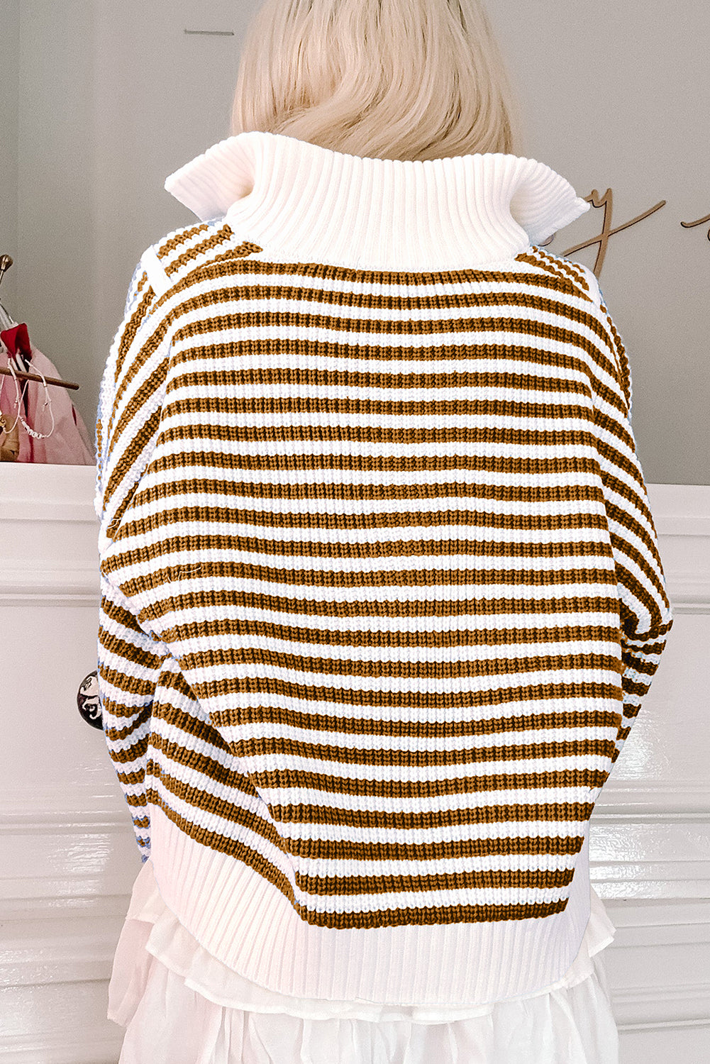 Sweater stribet khaki lynlås krave bomuld akryl afslappet pasform