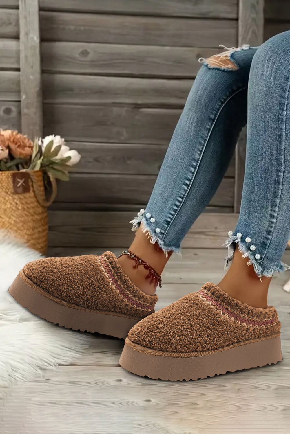 Støvler sherpa broderet vinter plys tykkere sål slip-on