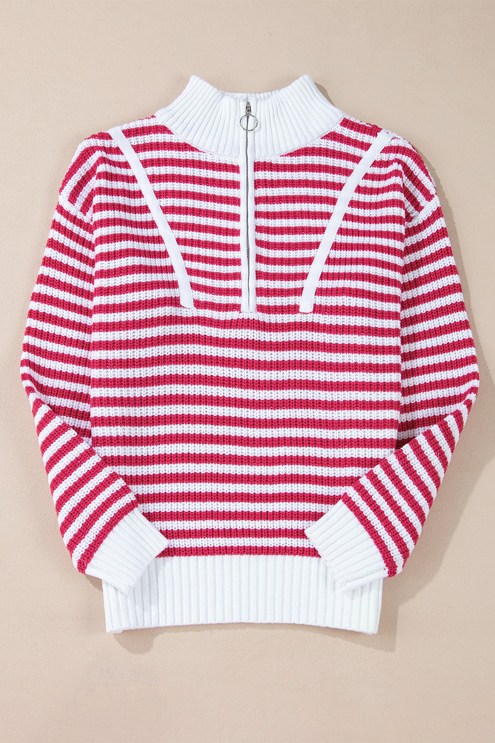 Sweater stribet khaki lynlås krave bomuld akryl afslappet pasform