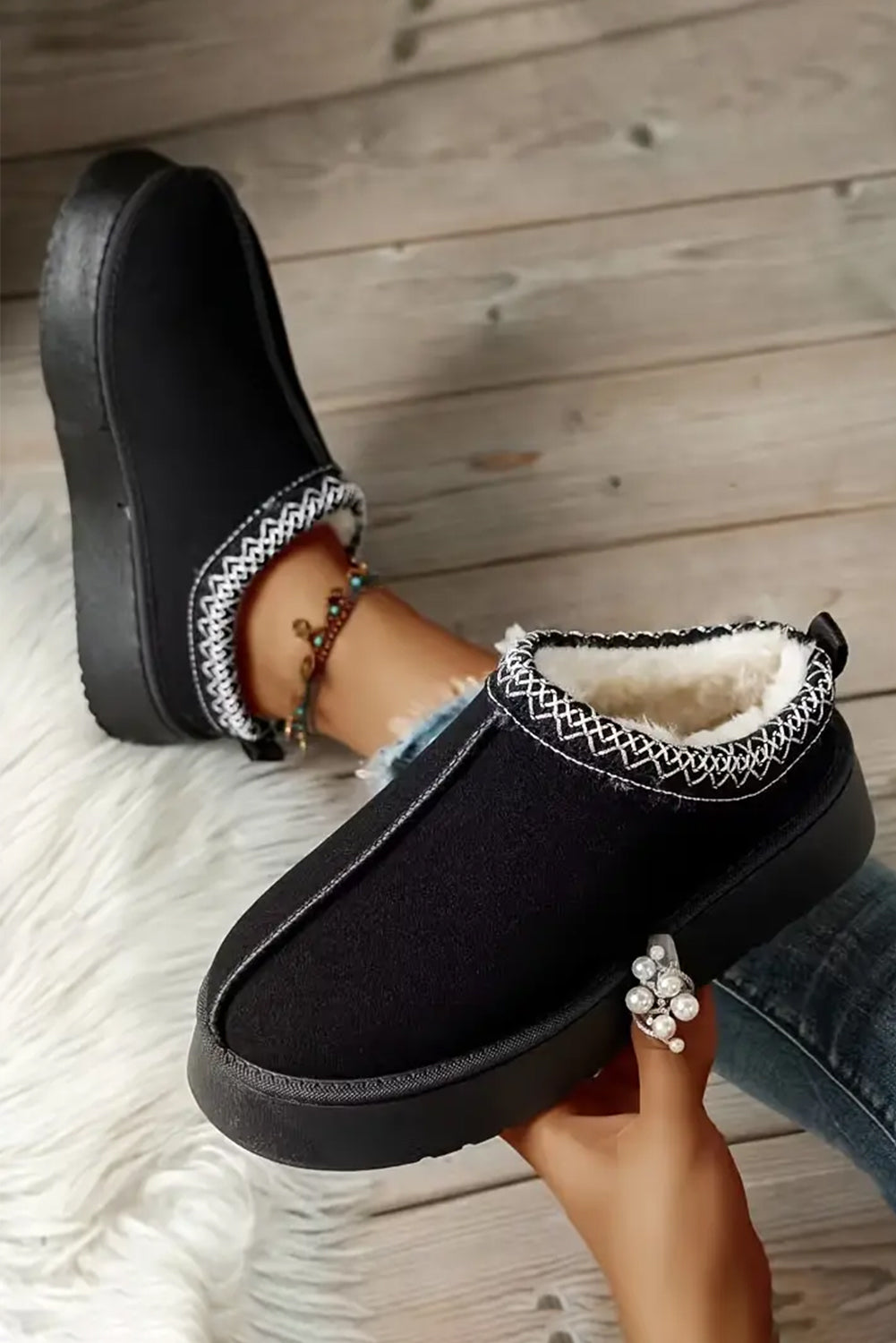Støvler sorte vinter slip-on ruskind plys kontrastkant