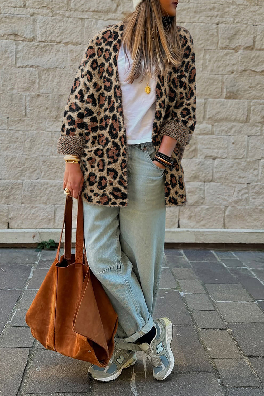 Cardigan leopardmønster brun 100% polyamid afslappet stil