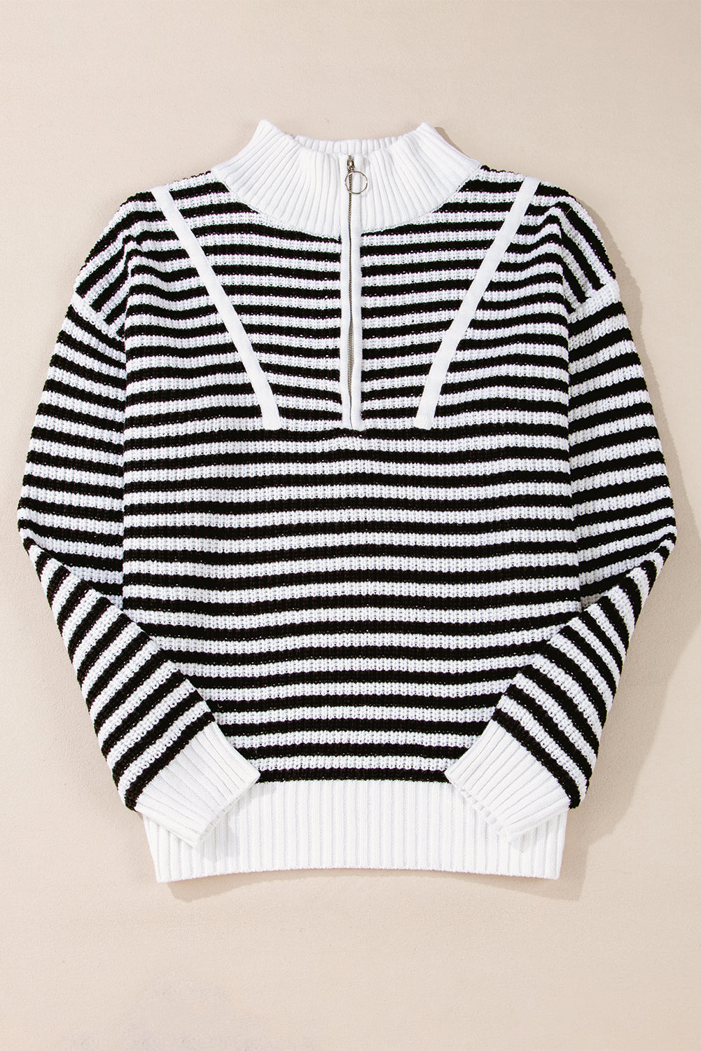 Sweater stribet khaki lynlås krave bomuld akryl afslappet pasform
