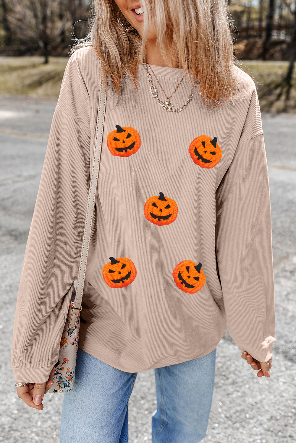 Sweatshirt ribstruktur chenille med græskar-patch efterår
