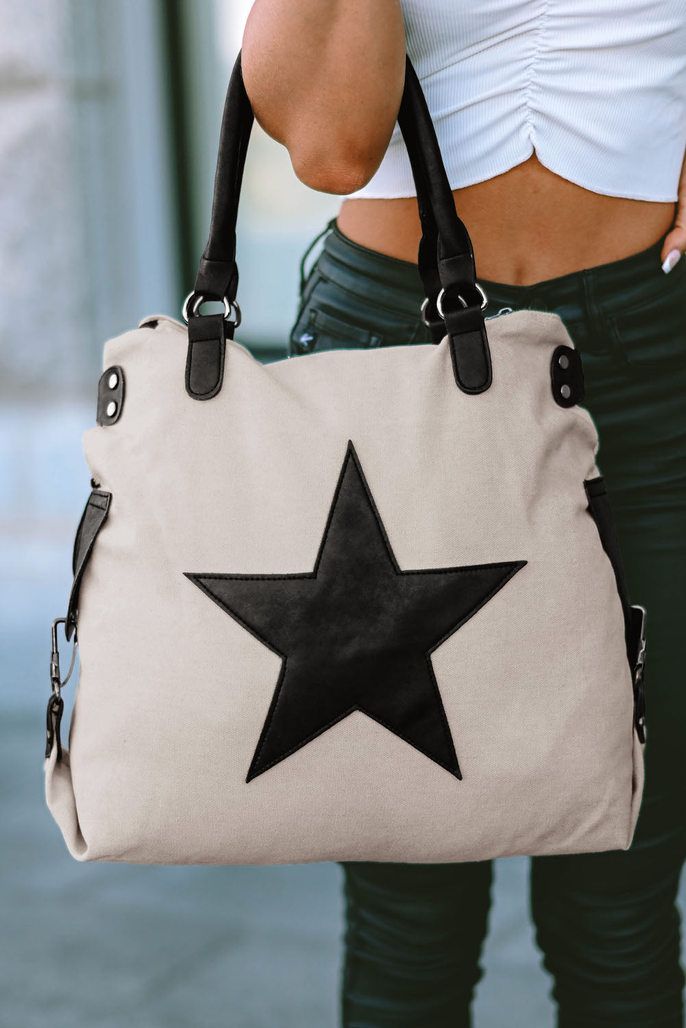 Tote bag beige canvas stjerne design bomuld polyester hverdag