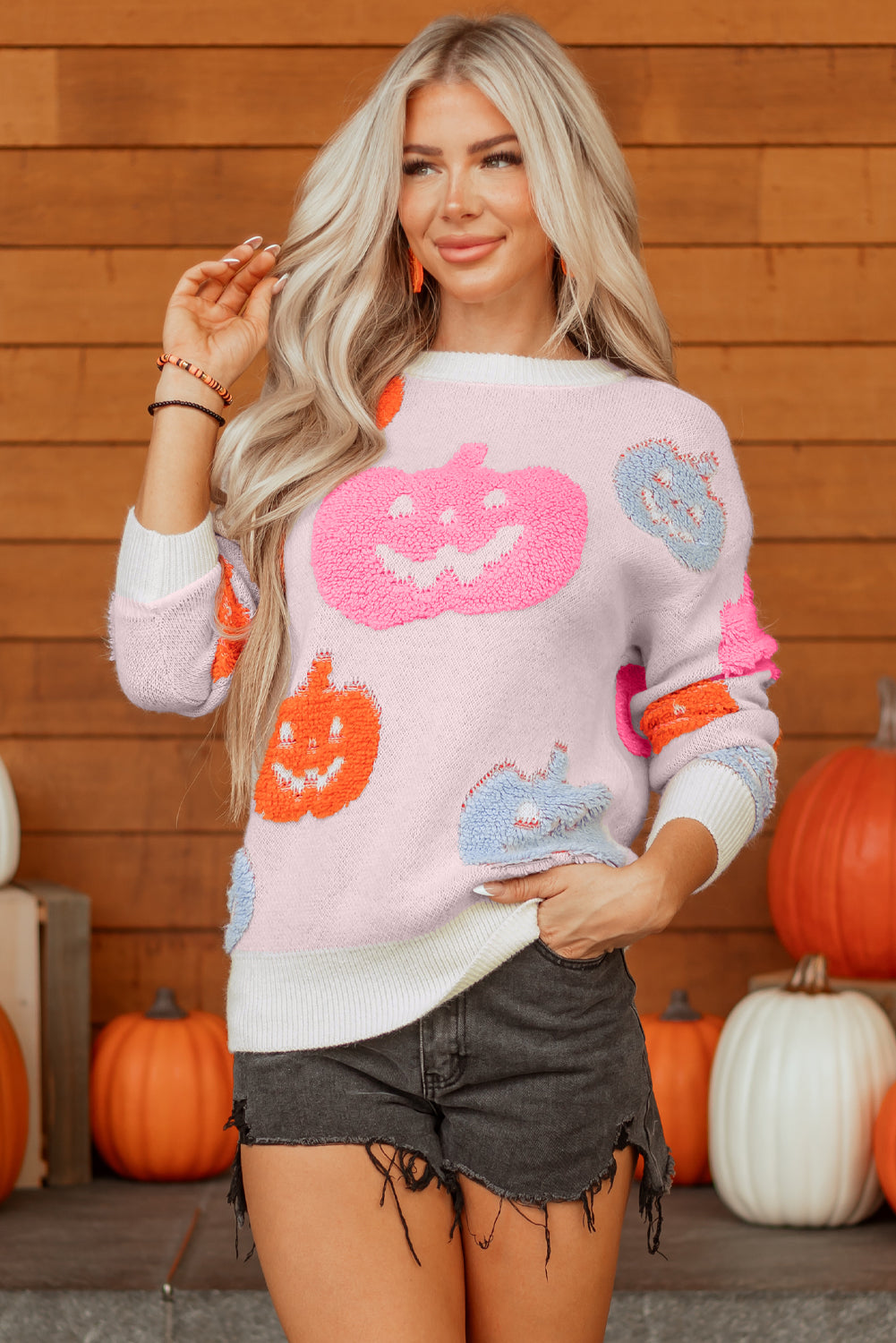 Sweater beige Halloween græskar print akryl efterår festlig