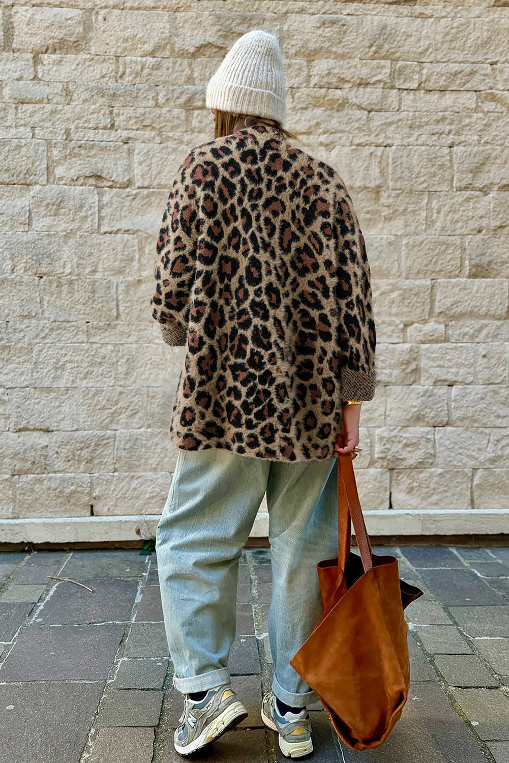 Cardigan leopardmønster brun 100% polyamid afslappet stil