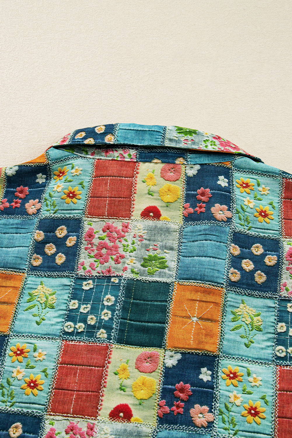 Bluse blomster patchwork V-hals skjortekrave polyester