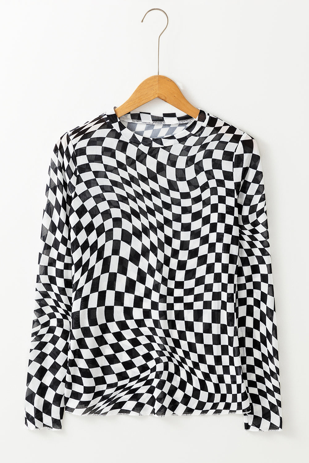 Bluse sort mesh langærmet optisk mønster mock hals
