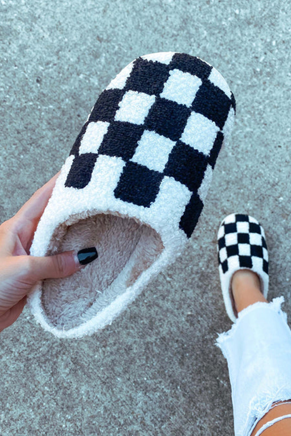 Tøfler tern sort hvid vinter fuzzy slip-on indendørs
