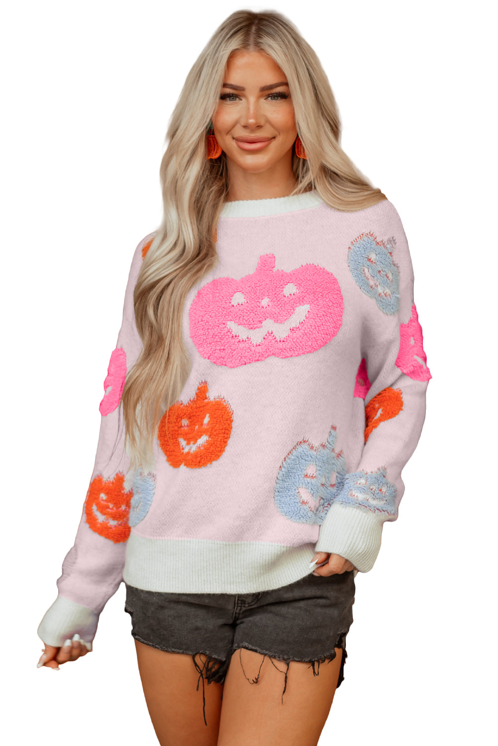 Sweater beige Halloween græskar print akryl efterår festlig