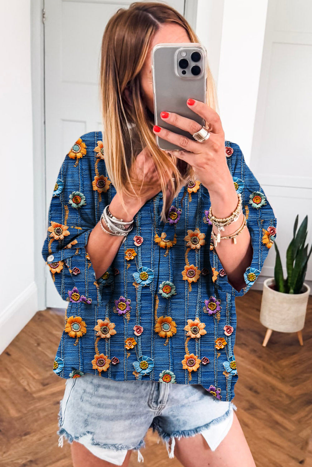 Bluse blomster patchwork V-hals skjortekrave polyester