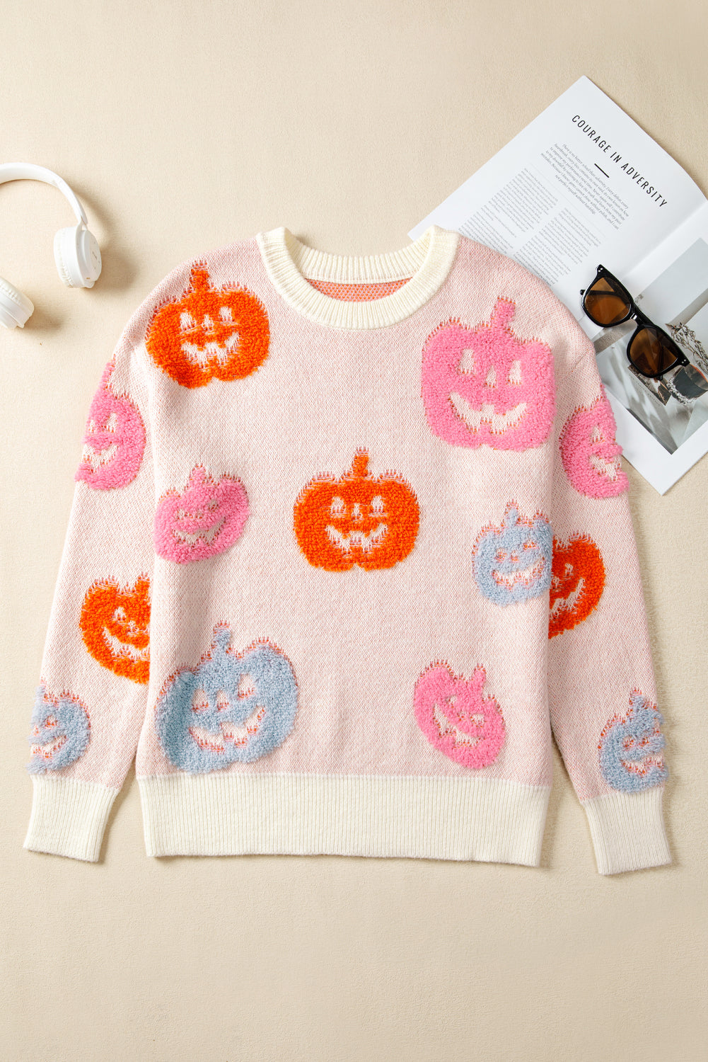 Sweater beige Halloween græskar print akryl efterår festlig