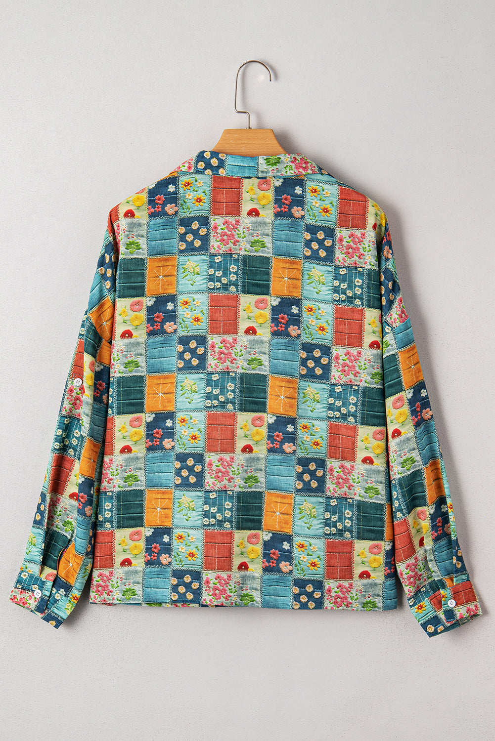 Bluse blomster patchwork V-hals skjortekrave polyester