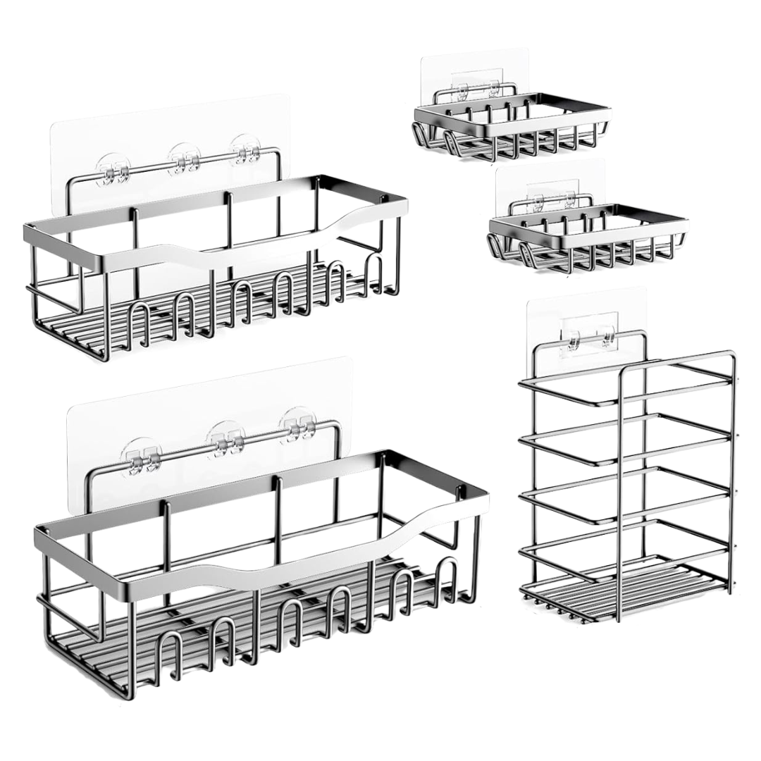 5-Pack Stainless Steel Wall Caddy Set for Bathroom and Kitchen Space
