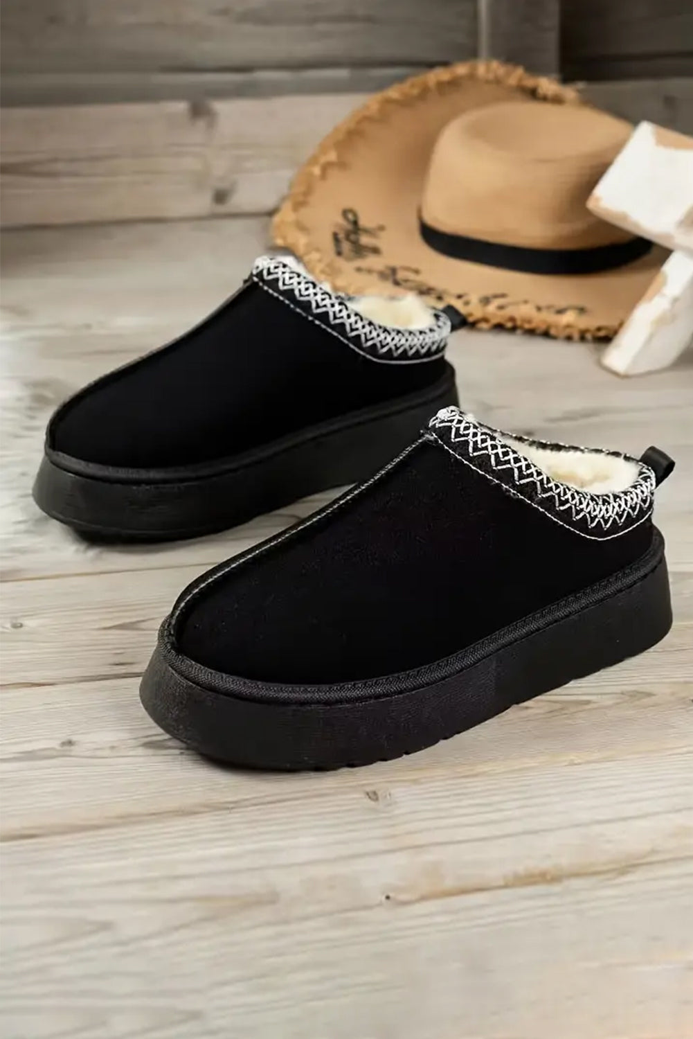 Støvler sorte vinter slip-on ruskind plys kontrastkant