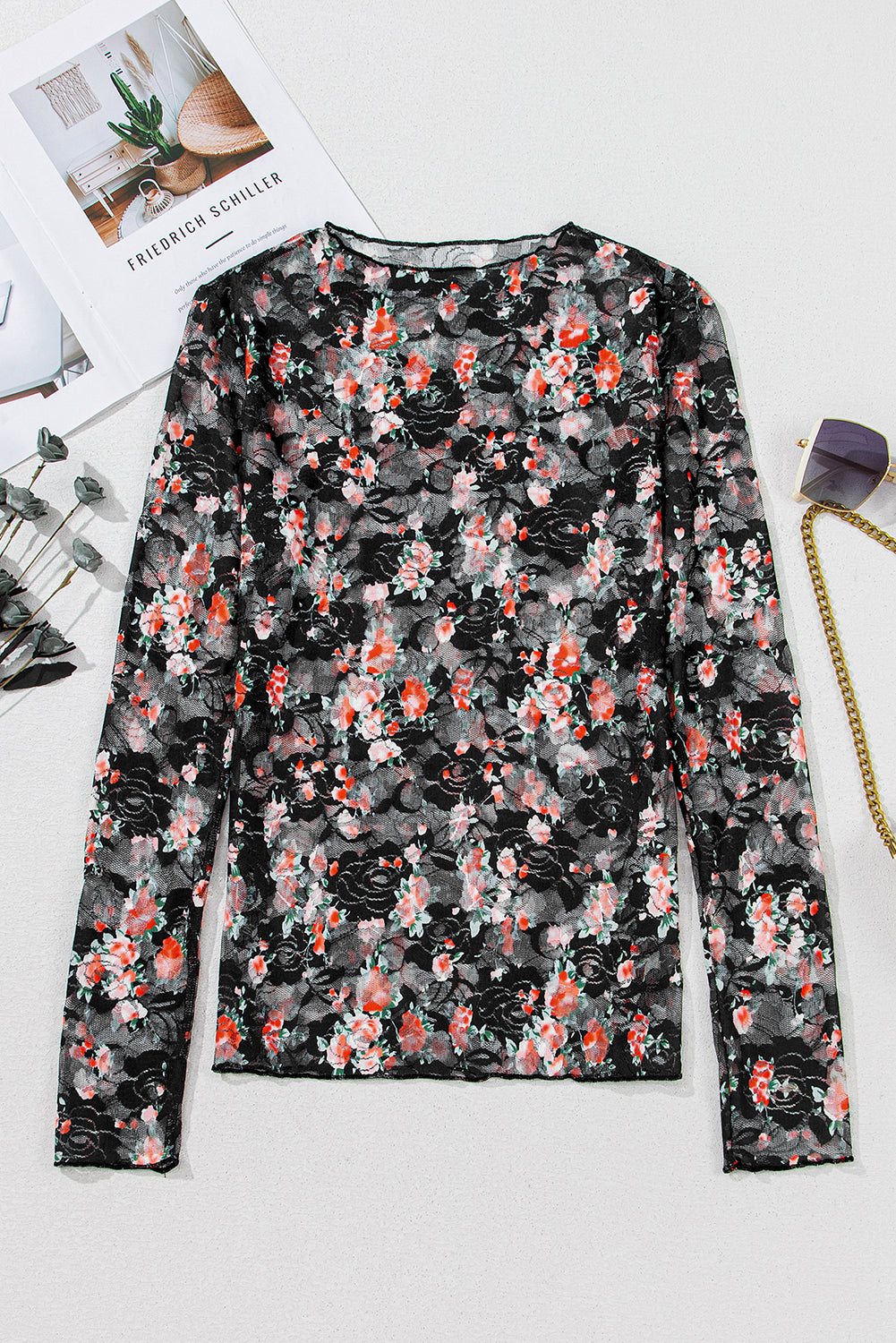 Bluse sort mesh langærmet med blomster og elastan