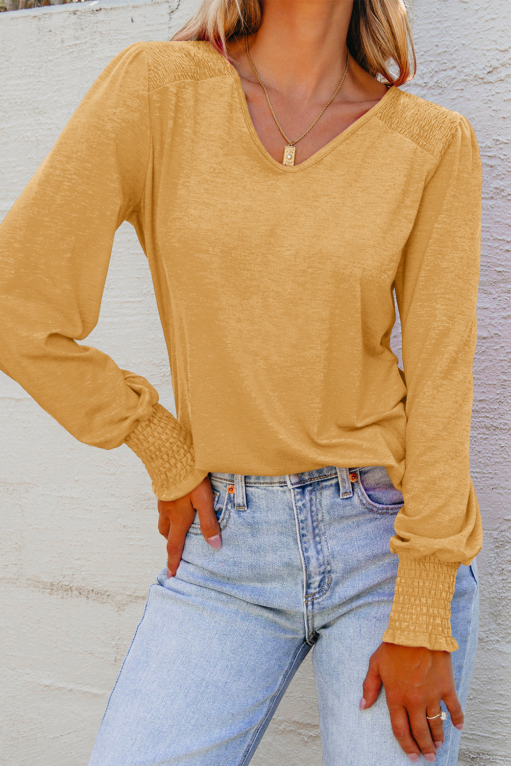 Bluse gul langærmet shirred detalje polyester mix