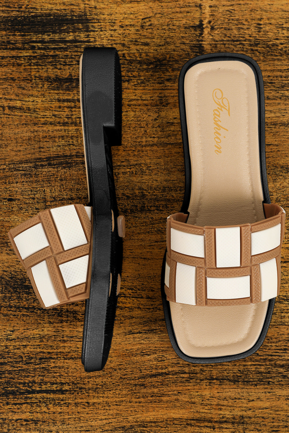 Slippers beige brun PU læder firkantet tå sommer stilren