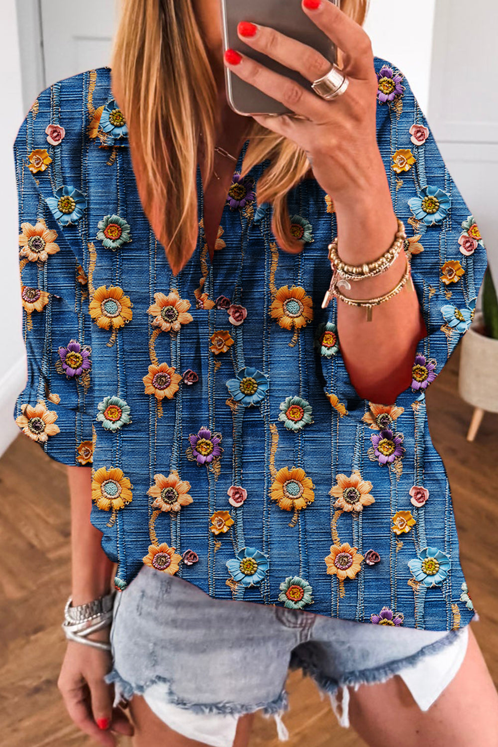 Bluse blomster patchwork V-hals skjortekrave polyester