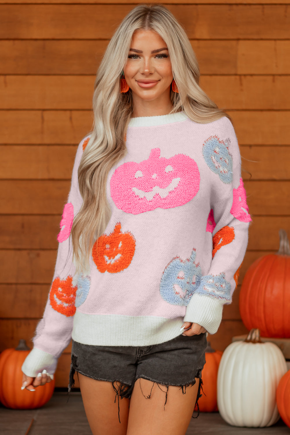 Sweater beige Halloween græskar print akryl efterår festlig