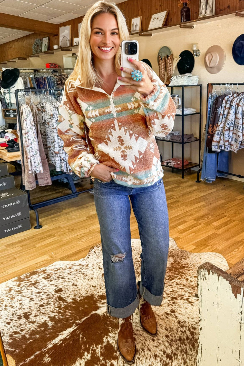 Sweatshirt khaki kvart-zip afslappet efterår Aztec stil