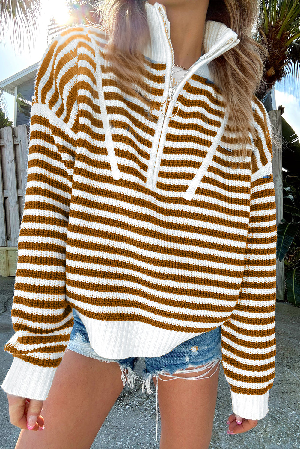 Sweater stribet khaki lynlås krave bomuld akryl afslappet pasform
