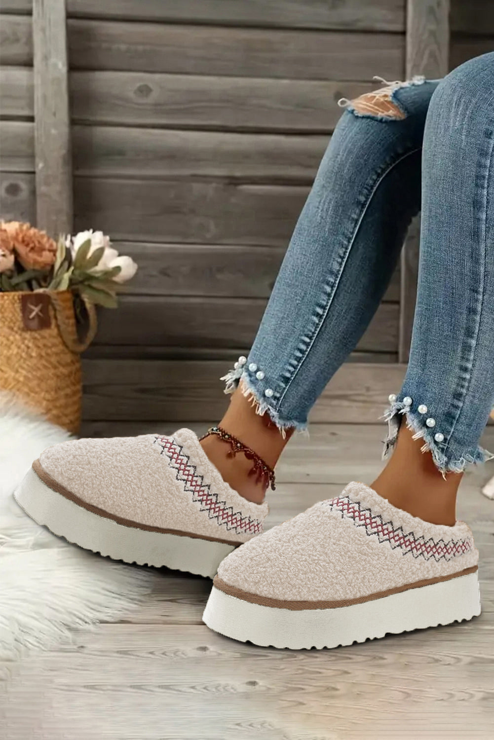Støvler sherpa broderet vinter plys tykkere sål slip-on