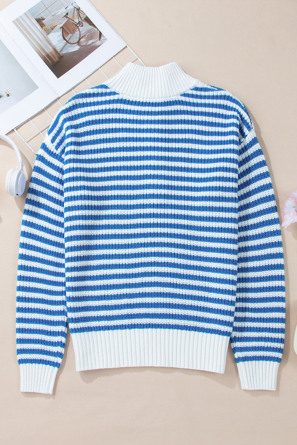 Sweater stribet khaki lynlås krave bomuld akryl afslappet pasform