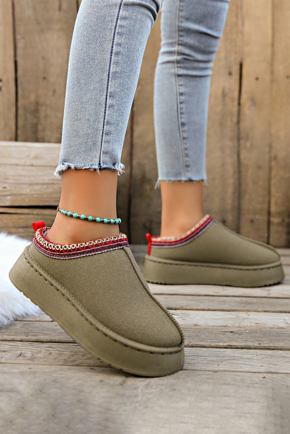 Støvler grøn forede slip-on vinter polyester med mønster