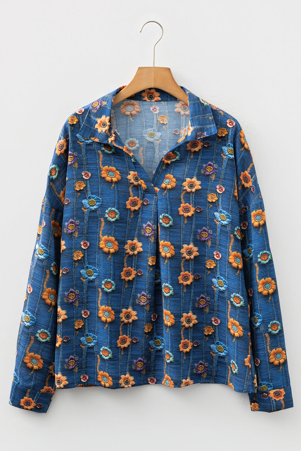 Bluse blomster patchwork V-hals skjortekrave polyester