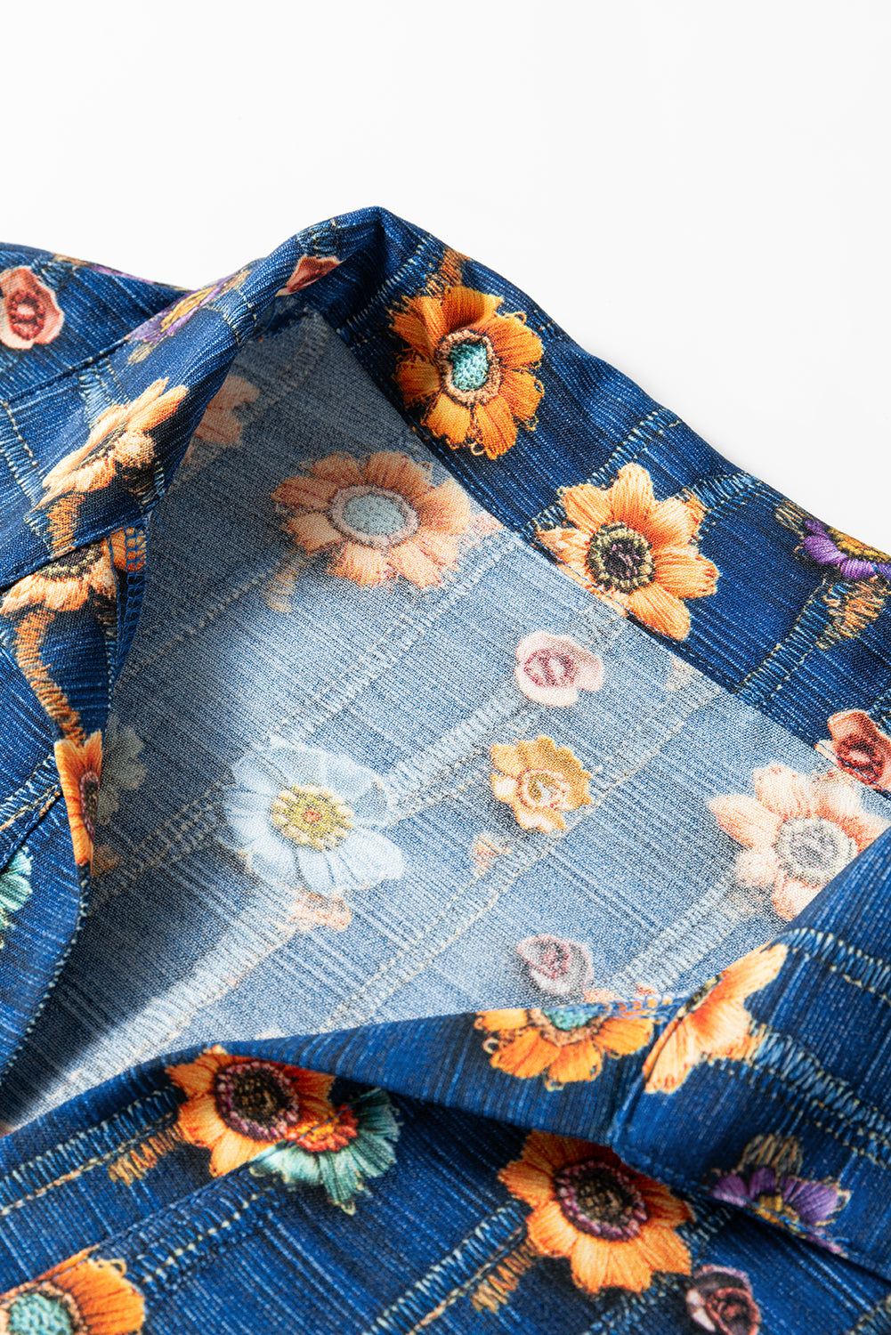Bluse blomster patchwork V-hals skjortekrave polyester