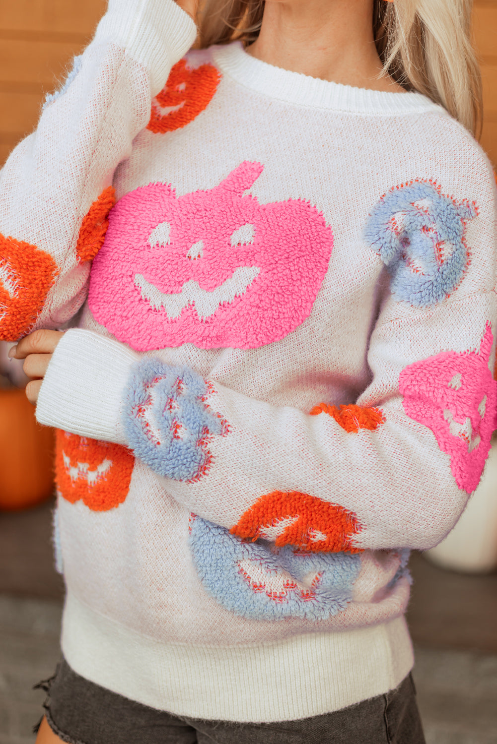 Sweater beige Halloween græskar print akryl efterår festlig