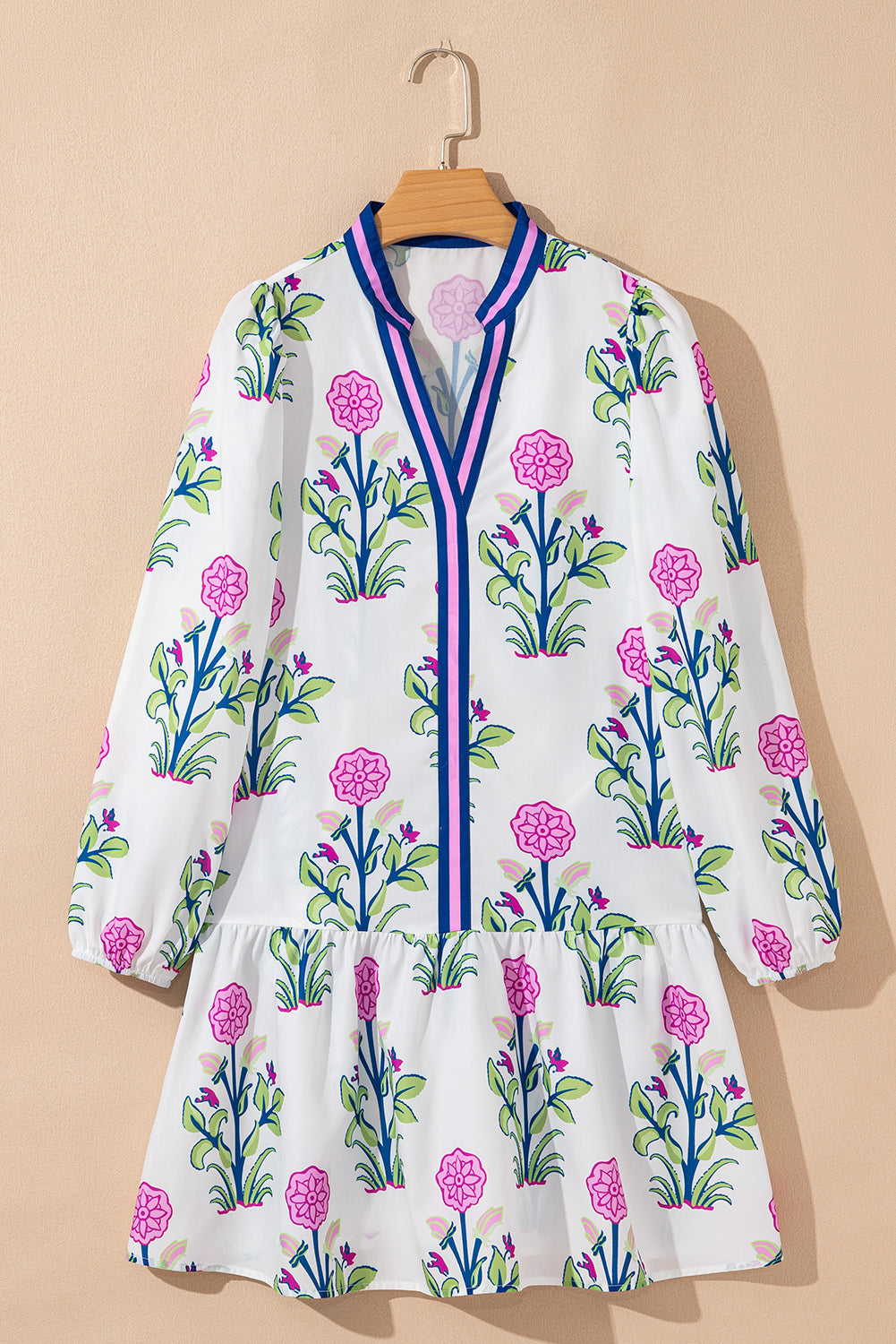 Kjole hvid blomsterprint polyester med lange ærmer og trim