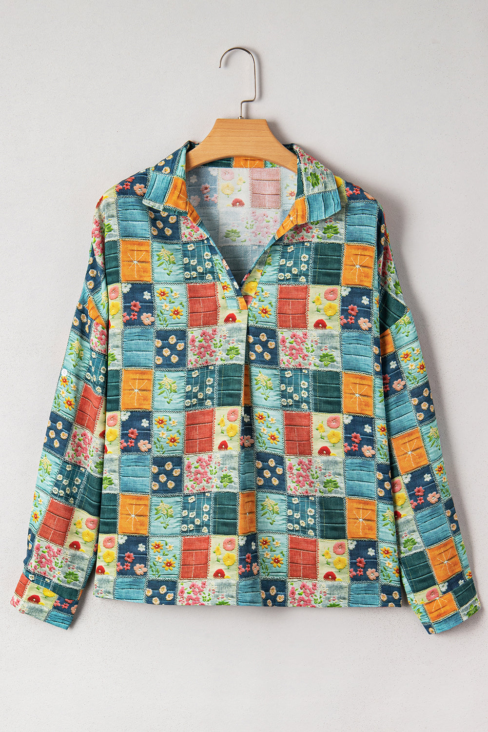 Bluse blomster patchwork V-hals skjortekrave polyester