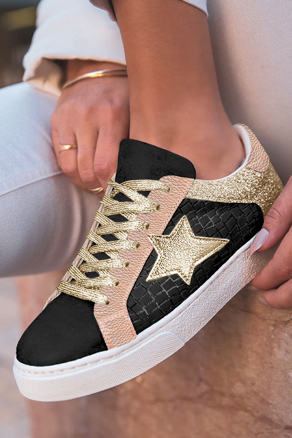 PU-sneakers med glitrende stjerner og patchwork-design