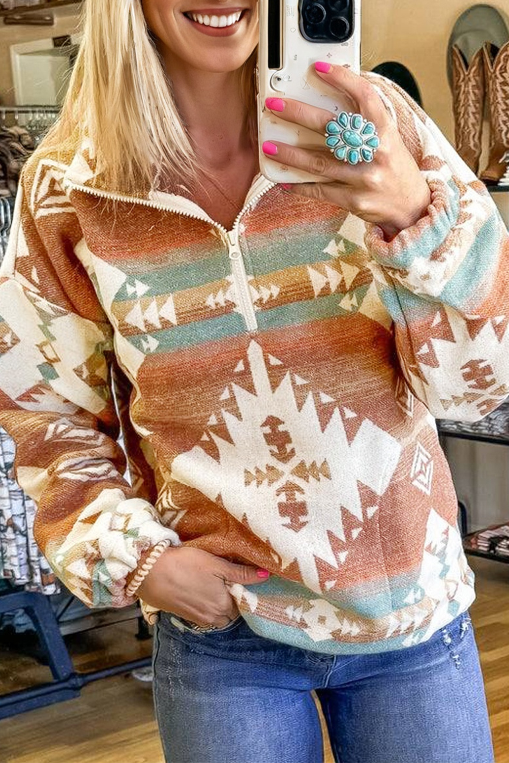 Sweatshirt khaki kvart-zip afslappet efterår Aztec stil