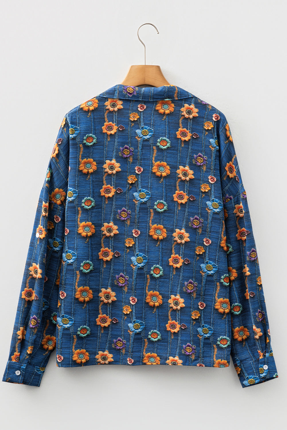 Bluse blomster patchwork V-hals skjortekrave polyester