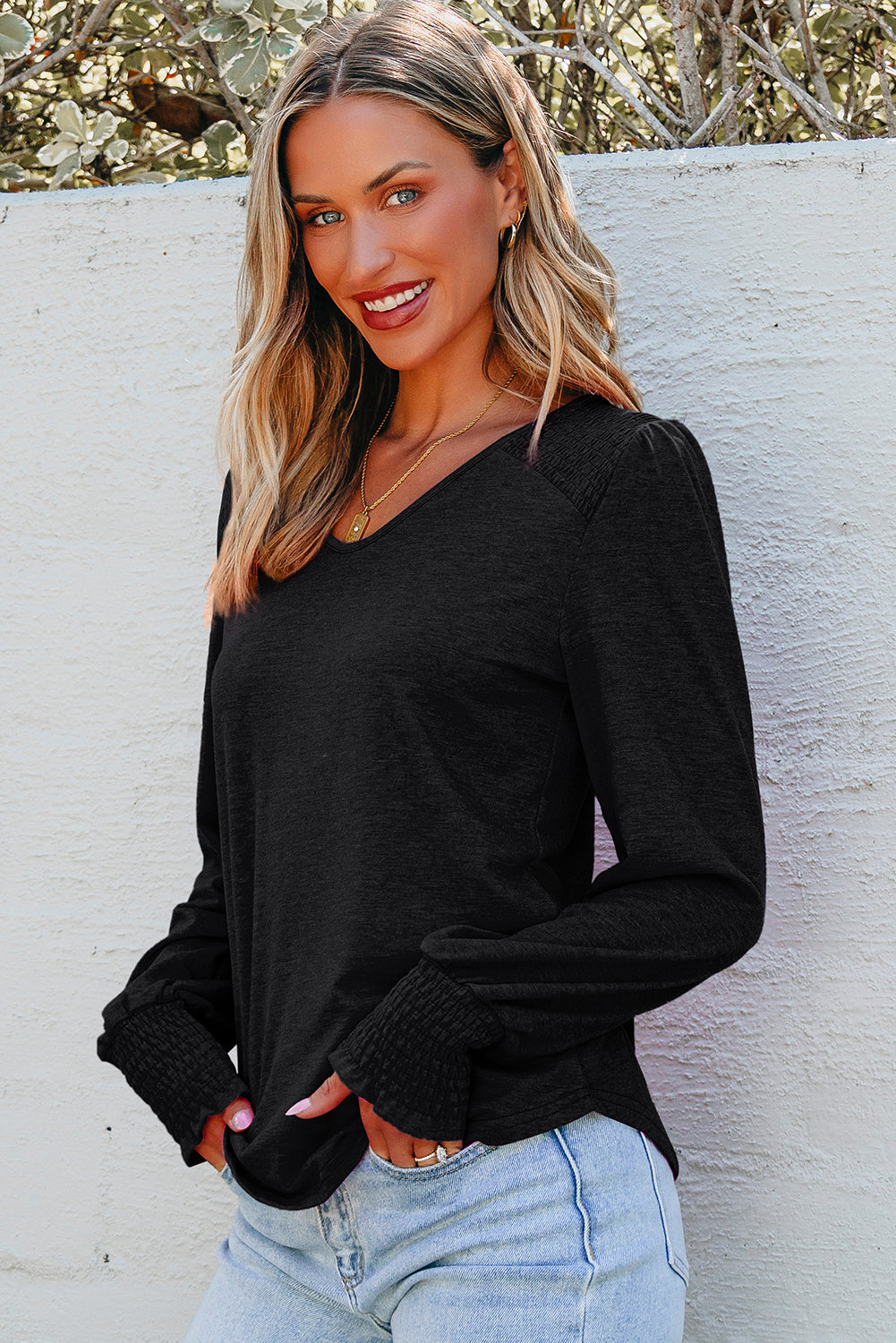 Bluse gul langærmet shirred detalje polyester mix