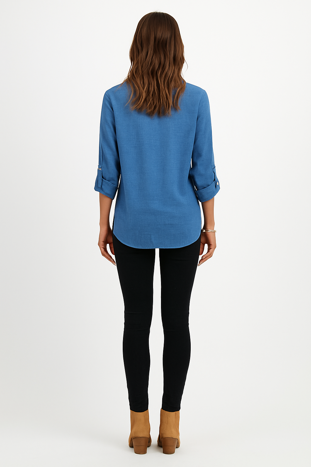 Bluse blå V-hals polyester 3/4 ærmer opsmøg dame hverdag