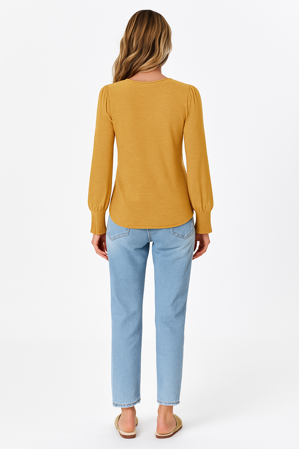 Bluse gul langærmet shirred detalje polyester mix