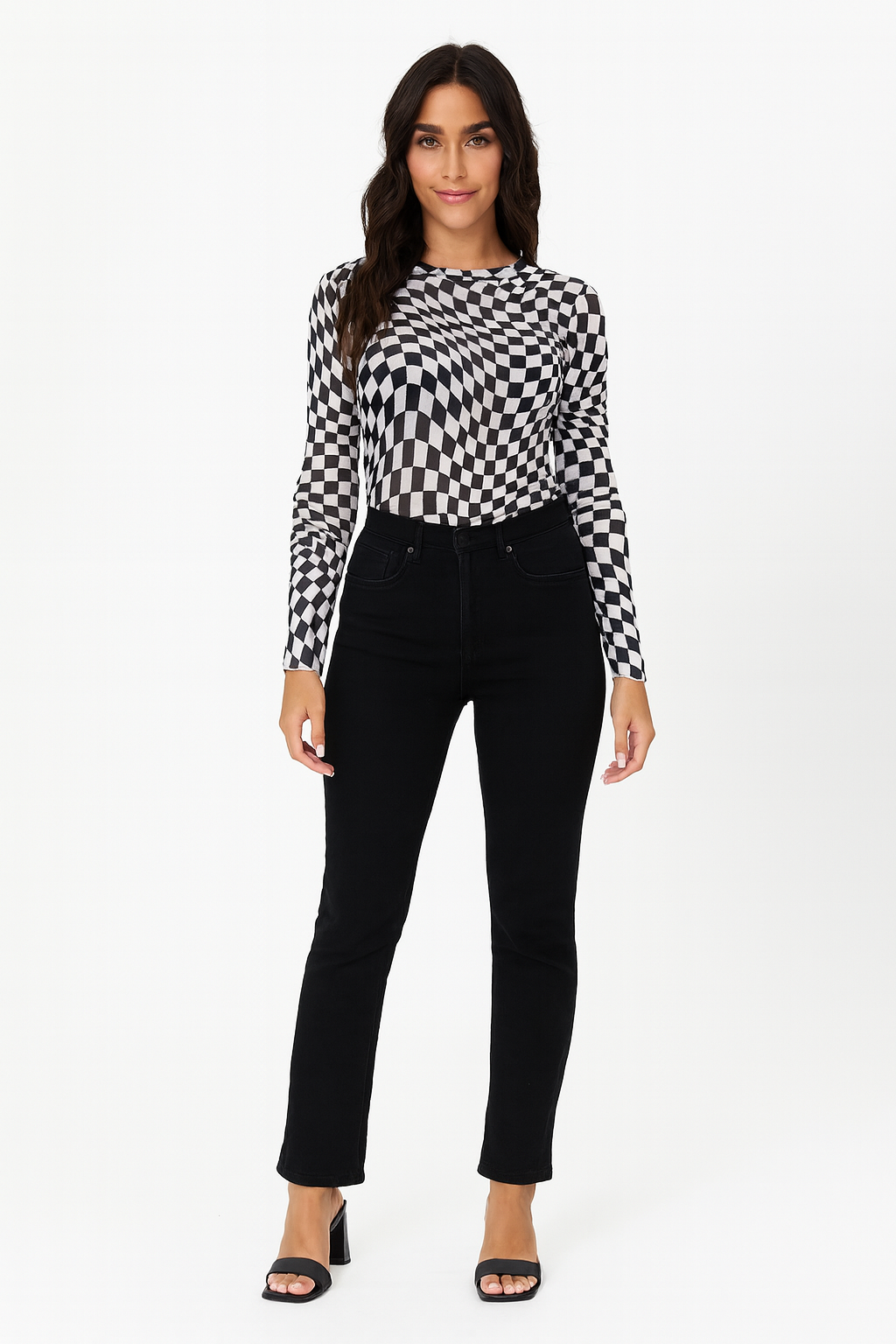 Bluse sort mesh langærmet optisk mønster mock hals