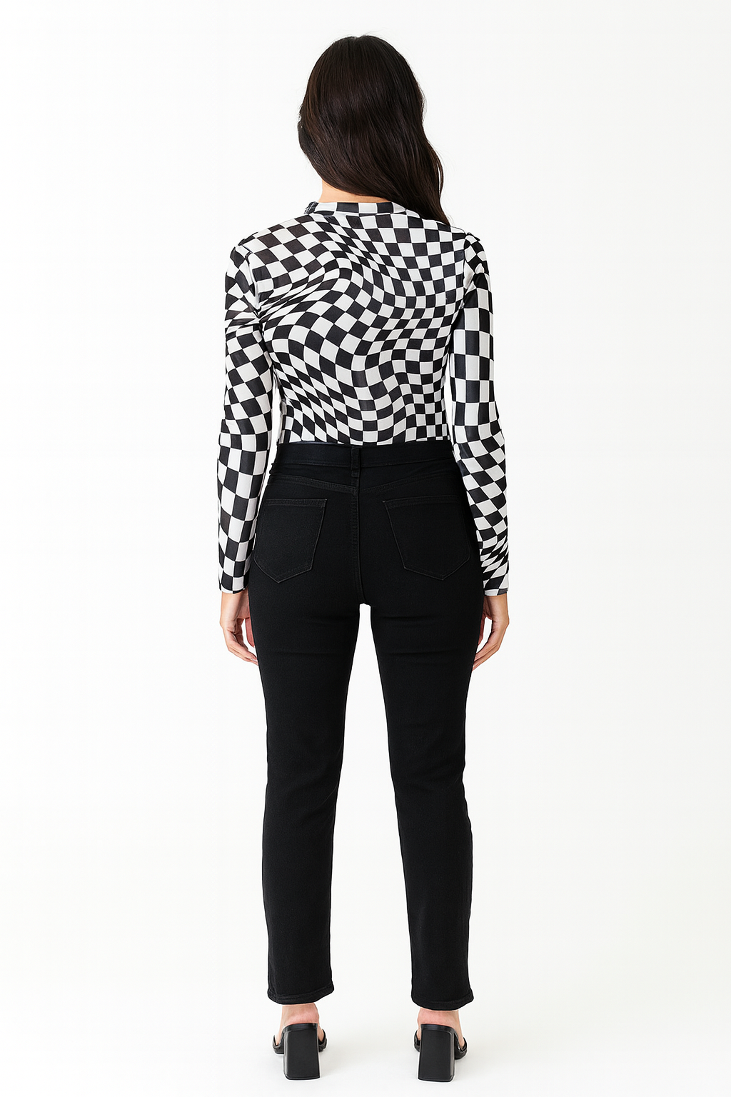 Bluse sort mesh langærmet optisk mønster mock hals
